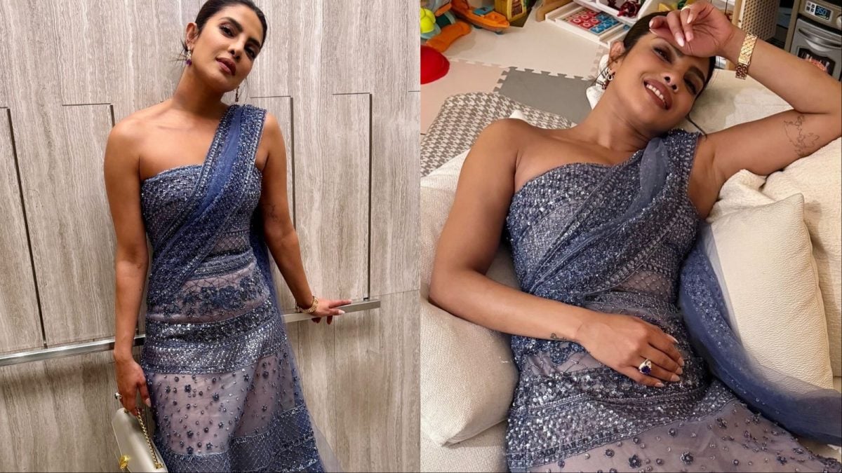 Priyanka Chopra Elevates Evening Glamour In A Blue Elie Saab Saree-Inspired Gown