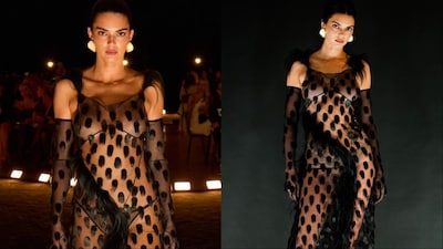 Kendall Jenner walks the ramp for Schiaparelli at Paris Fashion Week. 