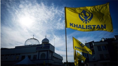 Khalistan flags are seen outside the Guru Nanak Sikh Gurdwara Sahib in Surrey, British Columbia (File photo/AP)