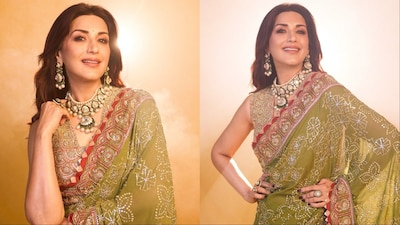 Sonali Bendre’s saree features tikki work from Gujarat and Rajasthan.
