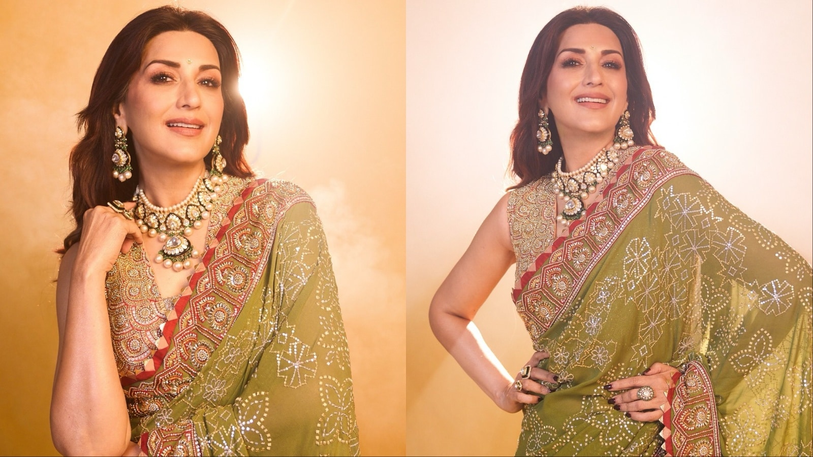 Sonali Bendre’s Olive Green Abu Jani Sandeep Khosla Saree Defines Regal Elegance