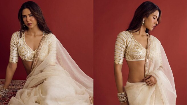 Sonam Bajwa Channels Classic Grace In An Off-White Saree With Golden Details