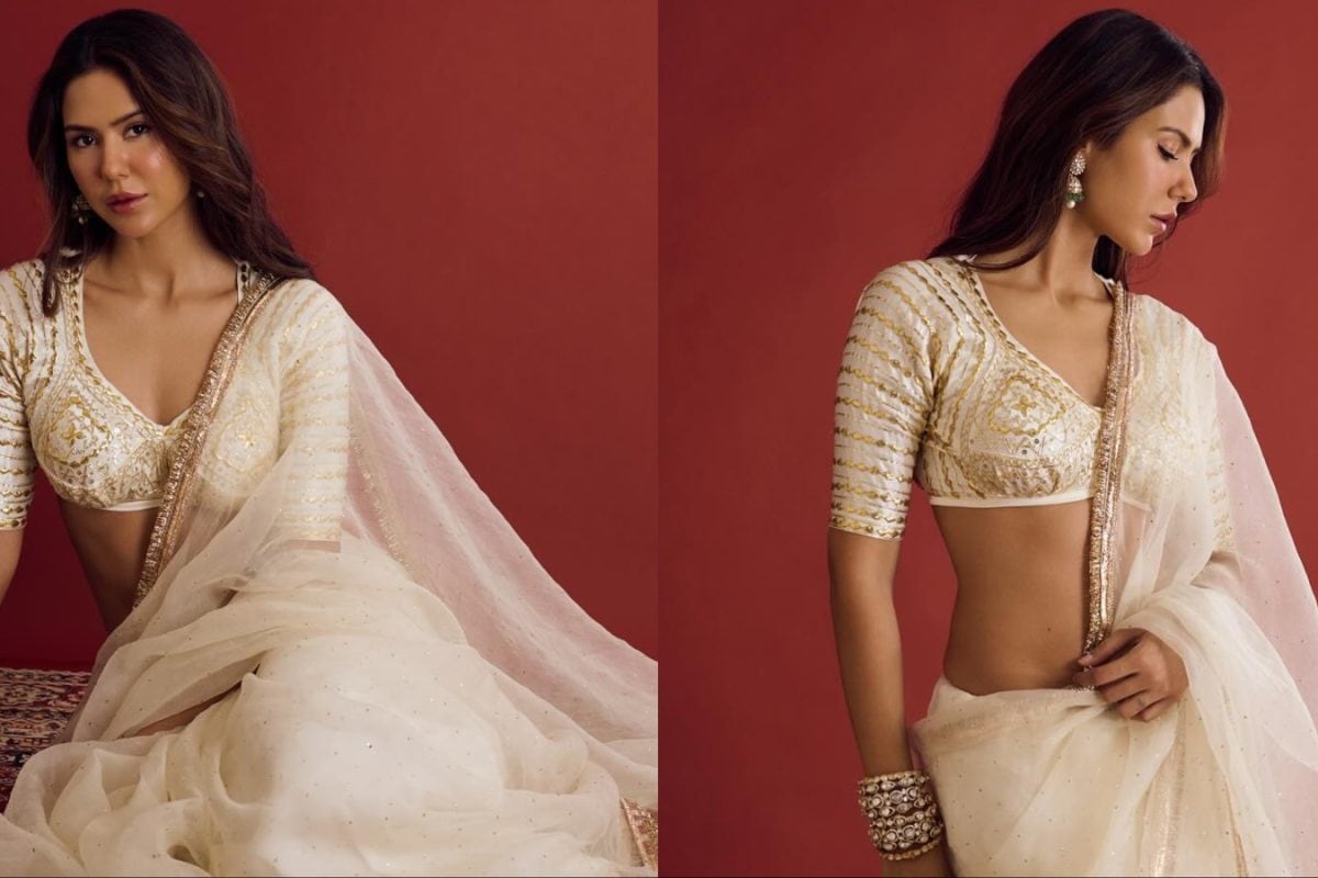 Sonam Bajwa Channels Classic Grace In An Off-White Saree With Golden Details