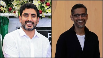 Andhra Pradesh minister Nara Lokesh and Alphabet CEO Sundar Pichai. (File photos via AP/PTI)