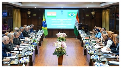 Defence Minister Rajnath Singh, Chief of Defence Staff General Anil Chauhan, Chief of the Naval Staff Admiral Dinesh K. Tripathi and Chief of the Air Staff Air Chief Marshal AP Singh and Defence Secretary Rajesh Kumar Singh during a bilateral meeting with Brazilian Vice President Geraldo Alckmin, in New Delhi. (PTI)