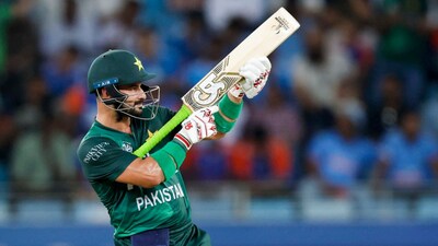 Sahibzada Farhan celebrates after reachig half-century during Asia Cup match against India. (PTI Photo)