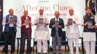 Defence Minister Rajnath Singh shared a picture from the book launch of 'After Me, Chaos- Astrology in the Mughal Empire', authored by veteran journalist and former Union minister MJ Akbar. (Image: @rajnathsingh/X)