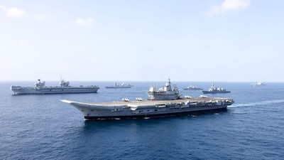 The UK Carrier Strike Group and Indian Navy are conducting a joint military exercise in the Indian Ocean. (Image: @DefenceOps/X)