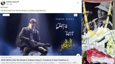 The latest post on Zubeen Garg's official Facebook account announced the release of a song; (right) a portrait of the late singer Zubeen Garg during his 'Adya Shraddha' last month. (Image: News18/PTI)