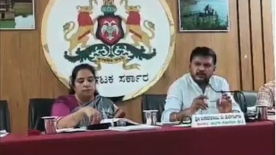 Congress MLA Shivaganga Basavaraj during a quarterly review session of the Karnataka Development Programme (KDP). (X/@eshaniverma809)