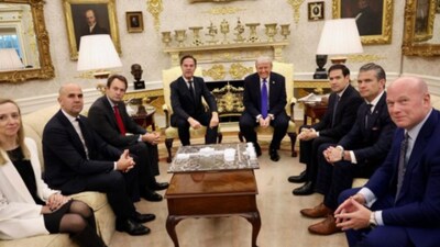 NATO Secretary General Mark Rutte with US President Donald Trump and other delegates. (Mark Rutte/X)