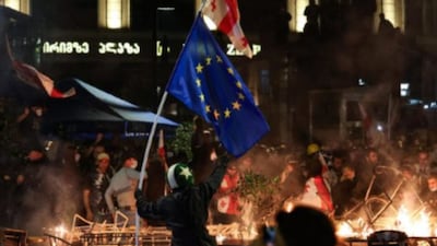 The violence broke out as protesters, rallying against the ruling Georgian Dream Party, tried to breach security barriers near the palace in the final minutes before polls closed in local elections. (AFP/X)