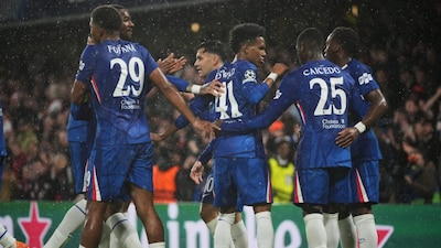 Chelsea players celebrate after scoring a goal against Ajax in London. (AP Photo)