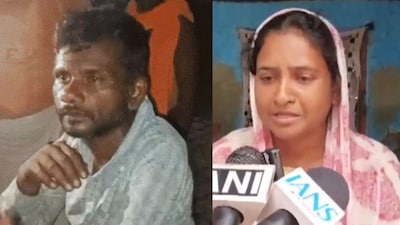 Left: Victim Hariom; Right: His wife, Pinky, speaking to media