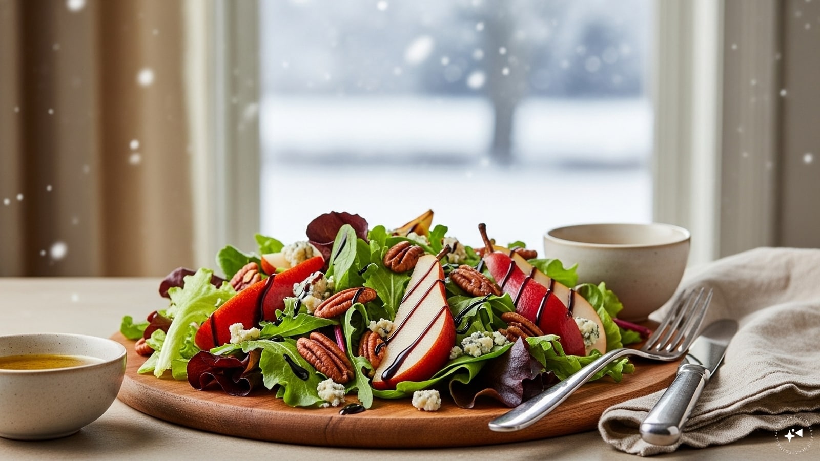 Pear & Pecan Winter Greens: Layer greens with pear slices, pecans, and crumbled blue cheese. Drizzle with honey-mustard dressing.