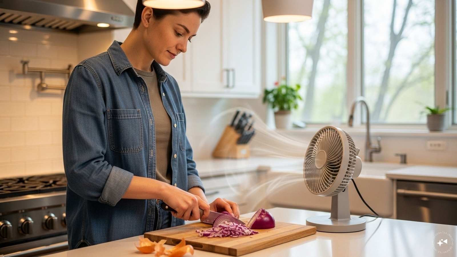 Cut in front of a fan: Standing near a fan helps disperse sulfur compounds, keeping them away from the eyes. Cut in front of a fan: Standing near a fan helps disperse sulfur compounds, keeping them away from the eyes.