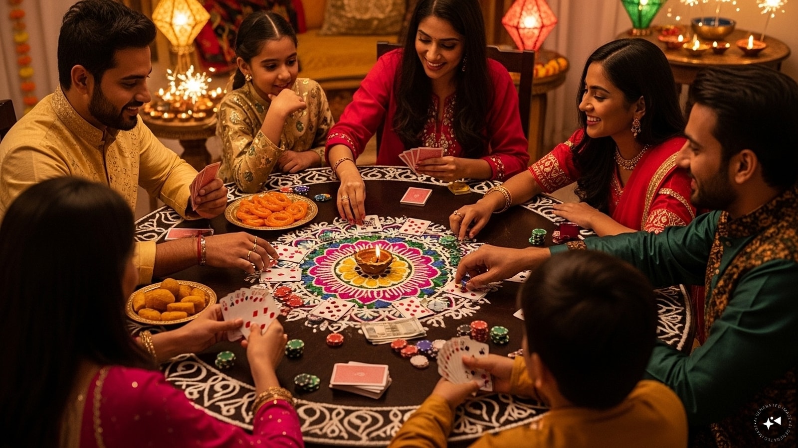 Cards Night: Cards are a classic Diwali tradition. Set up a corner for Teen Patti or poker (use chips or low-stake coins) to keep the festive spirit alive. Cards Night: Cards are a classic Diwali tradition. Set up a corner for Teen Patti or poker (use chips or low-stake coins) to keep the festive spirit alive.
