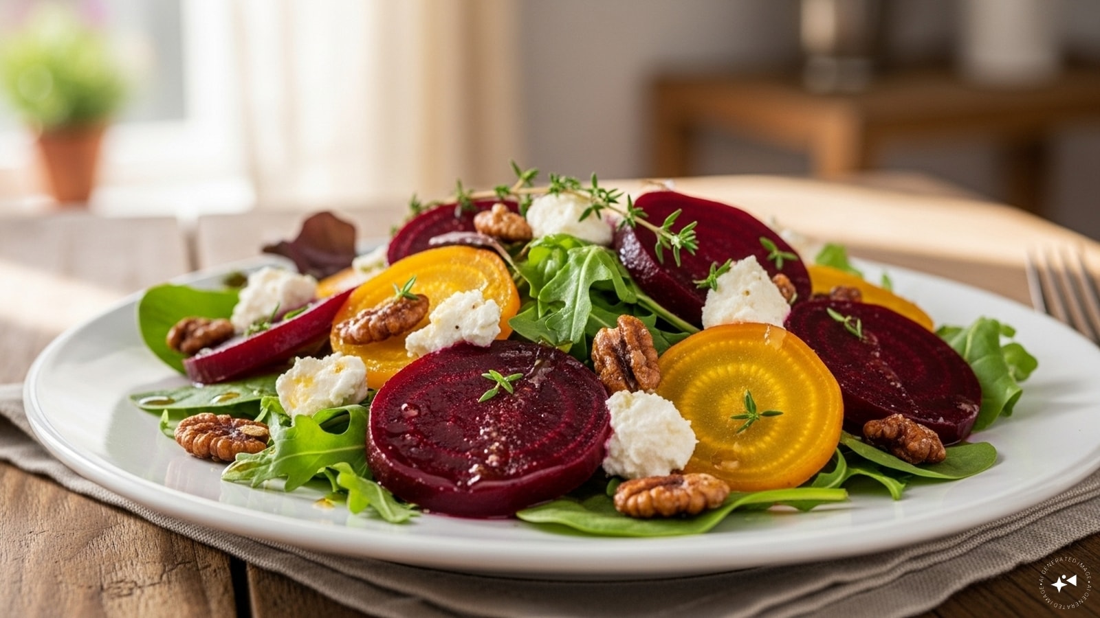 Roasted Beet & Goat Cheese Salad: Roast beets until tender, slice and toss with arugula, crumbled goat cheese, and walnuts. Drizzle with balsamic vinaigrette.