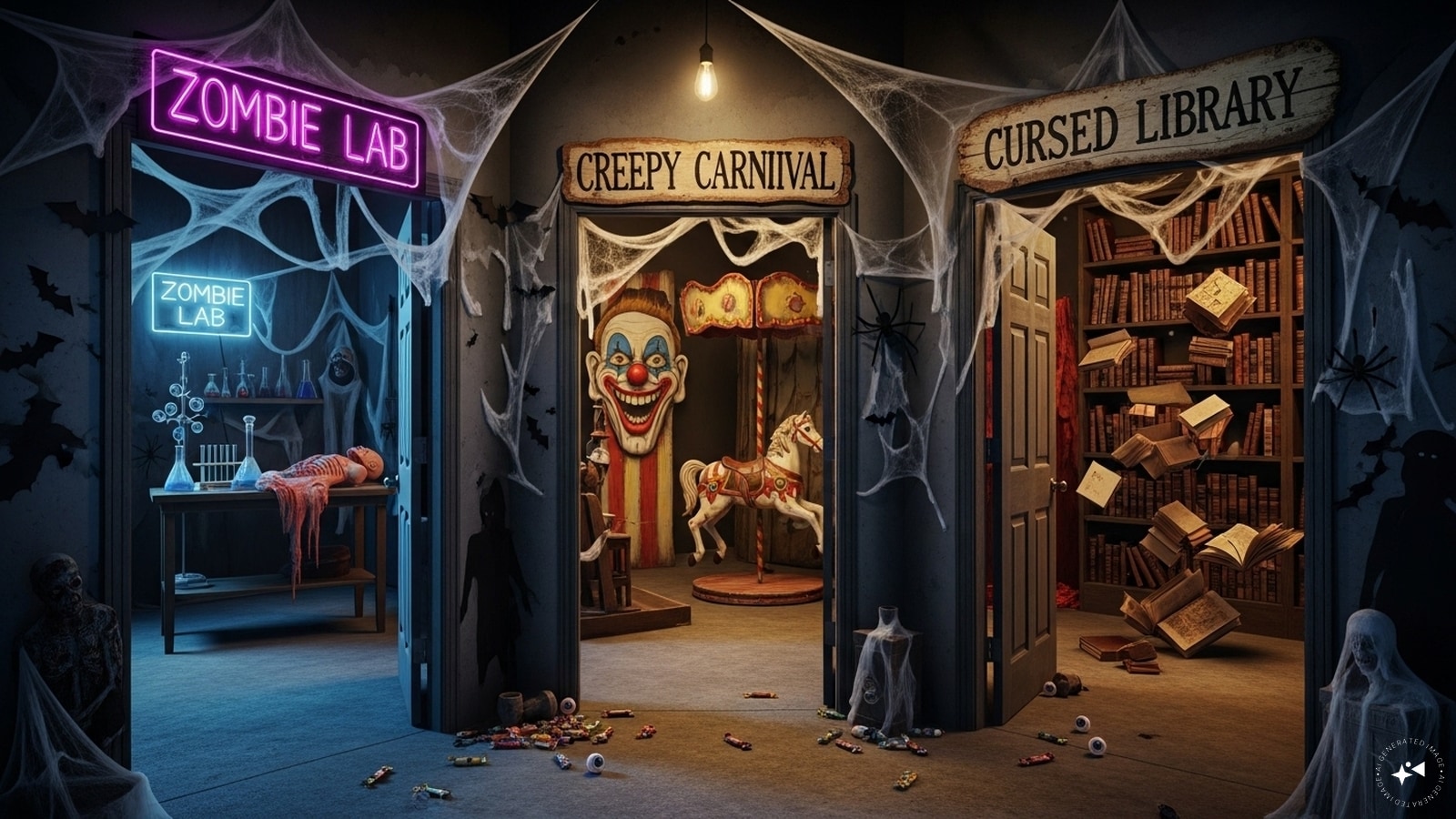 DIY Haunted House Tour: Turn your home or garage into a mini haunted house. Each room can have a different theme like Zombie Lab, Creepy Carnival, or Cursed Library.  DIY Haunted House Tour: Turn your home or garage into a mini haunted house. Each room can have a different theme like Zombie Lab, Creepy Carnival, or Cursed Library.