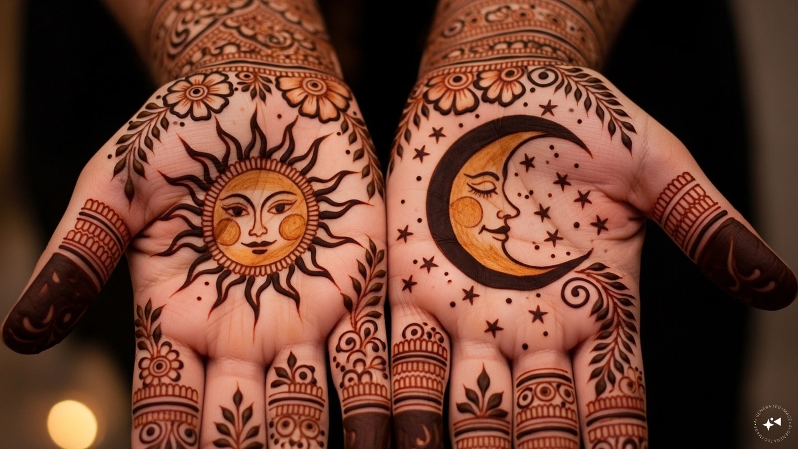 Sun And Moon Symbols: Small sun on one hand and moon on the other, symbolizing day and night—perfect for Karwa Chauth. Sun And Moon Symbols: Small sun on one hand and moon on the other, symbolizing day and night—perfect for Karwa Chauth.