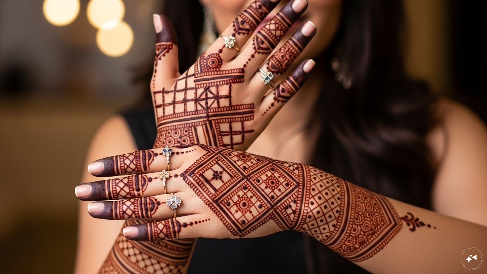 Geometric Pattern: Small triangles, dots, and lines arranged in a neat geometric pattern on the palm or fingers. Geometric Pattern: Small triangles, dots, and lines arranged in a neat geometric pattern on the palm or fingers.