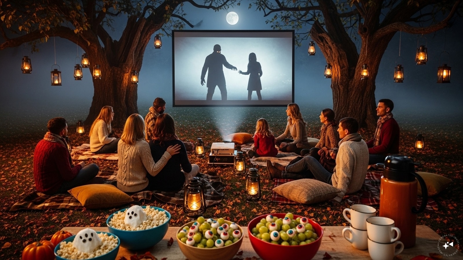 Haunted Outdoor Movie Night: Set up a projector in your yard or park, lay out blankets and lanterns, and screen classic horror films. Add themed snacks like “ghost popcorn” and “eyeball grapes.”  Haunted Outdoor Movie Night: Set up a projector in your yard or park, lay out blankets and lanterns, and screen classic horror films. Add themed snacks like “ghost popcorn” and “eyeball grapes.”
