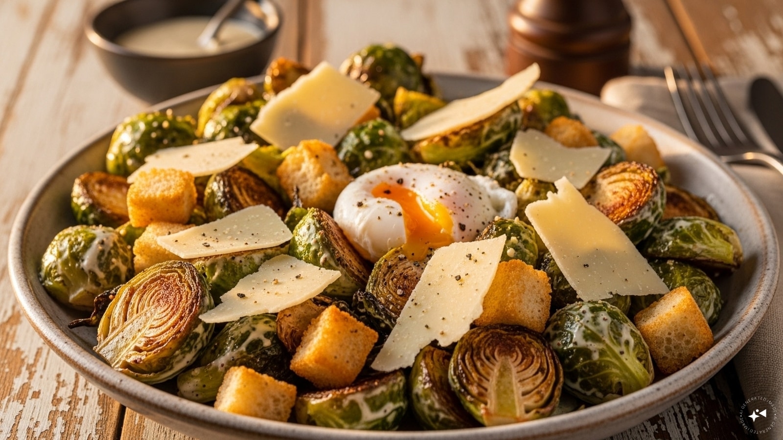 Warm Brussels Sprouts Caesar: Sauté sprouts until slightly crispy. Toss with dressing, cheese, and croutons while warm.