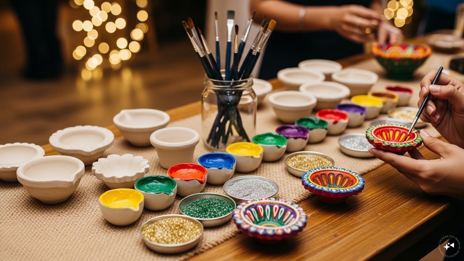 Diya Painting Station: Set up a small corner with plain diyas, paints, brushes, and glitter. Let your guests unleash their creativity and take home a beautiful keepsake. Diya Painting Station: Set up a small corner with plain diyas, paints, brushes, and glitter. Let your guests unleash their creativity and take home a beautiful keepsake.