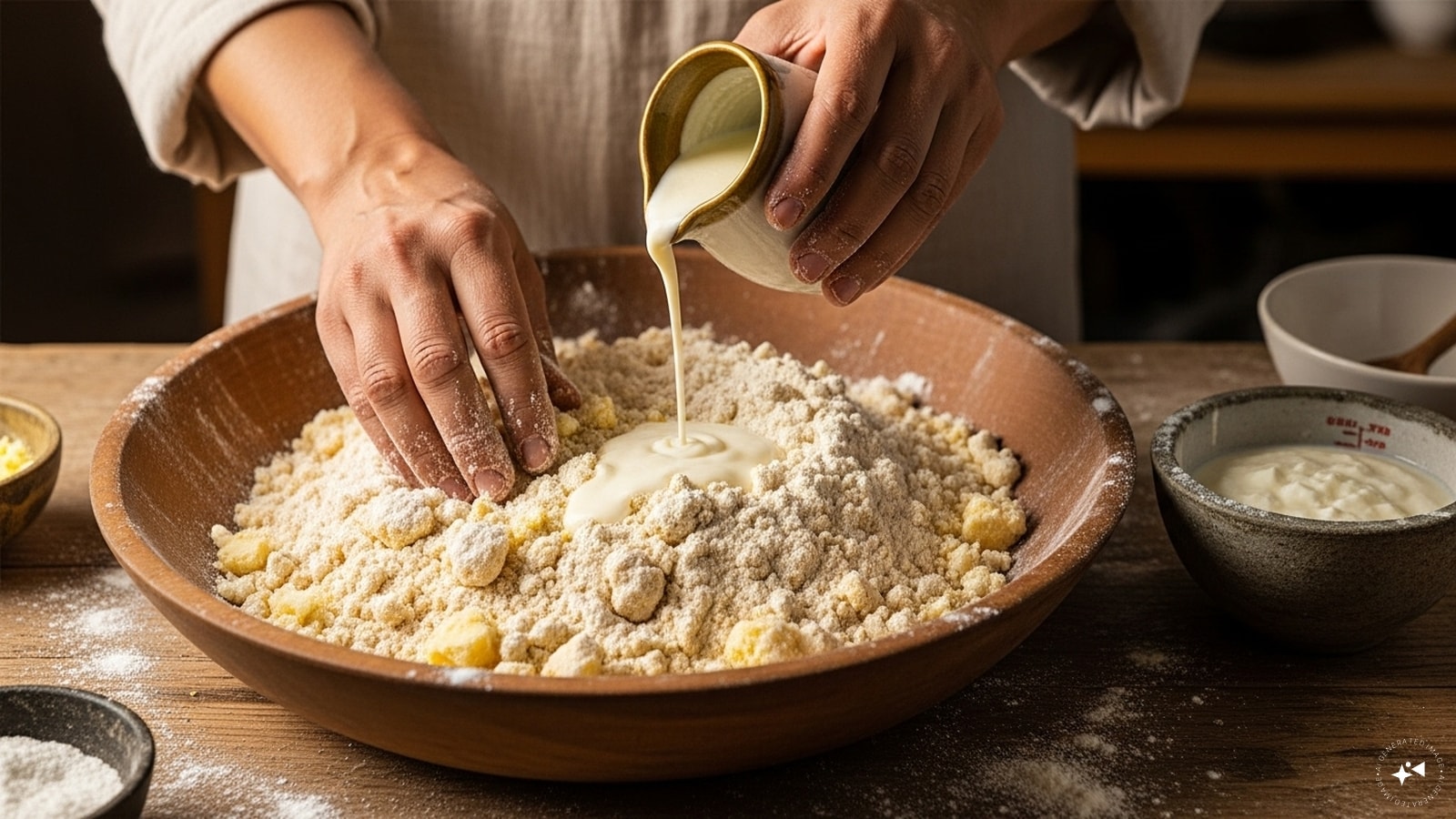  Mix flour, baking soda and ghee until crumbly and gradually add curd to form a soft dough and let it rest for 15 minutes. 