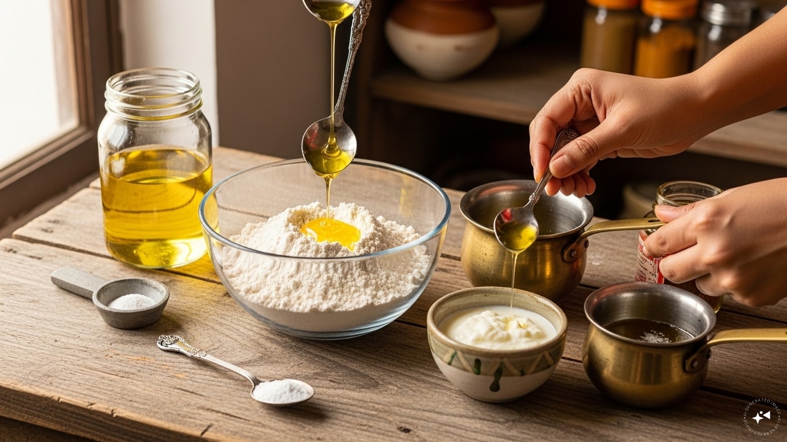  Ingredients: 1 cup all-purpose flour, ¼ tsp baking soda, 2 tbsp ghee, 3-4 tbsp curd, oil or ghee for frying.