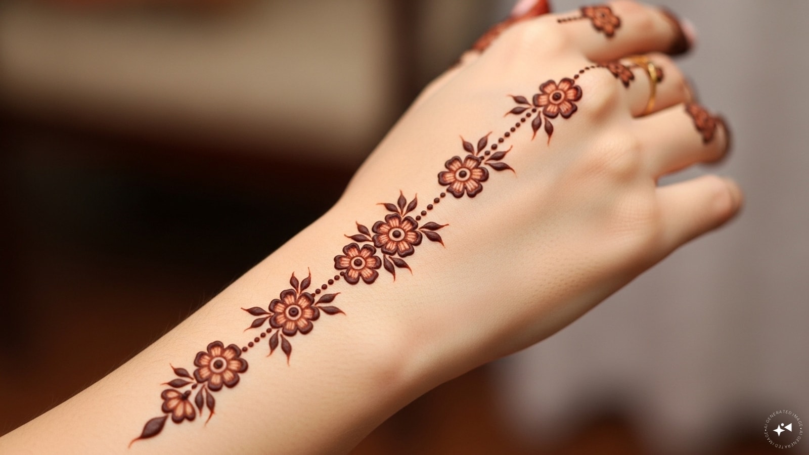 Chain Of Small Flowers: Tiny floral motifs linked in a chain around the wrist or fingers. Chain Of Small Flowers: Tiny floral motifs linked in a chain around the wrist or fingers.