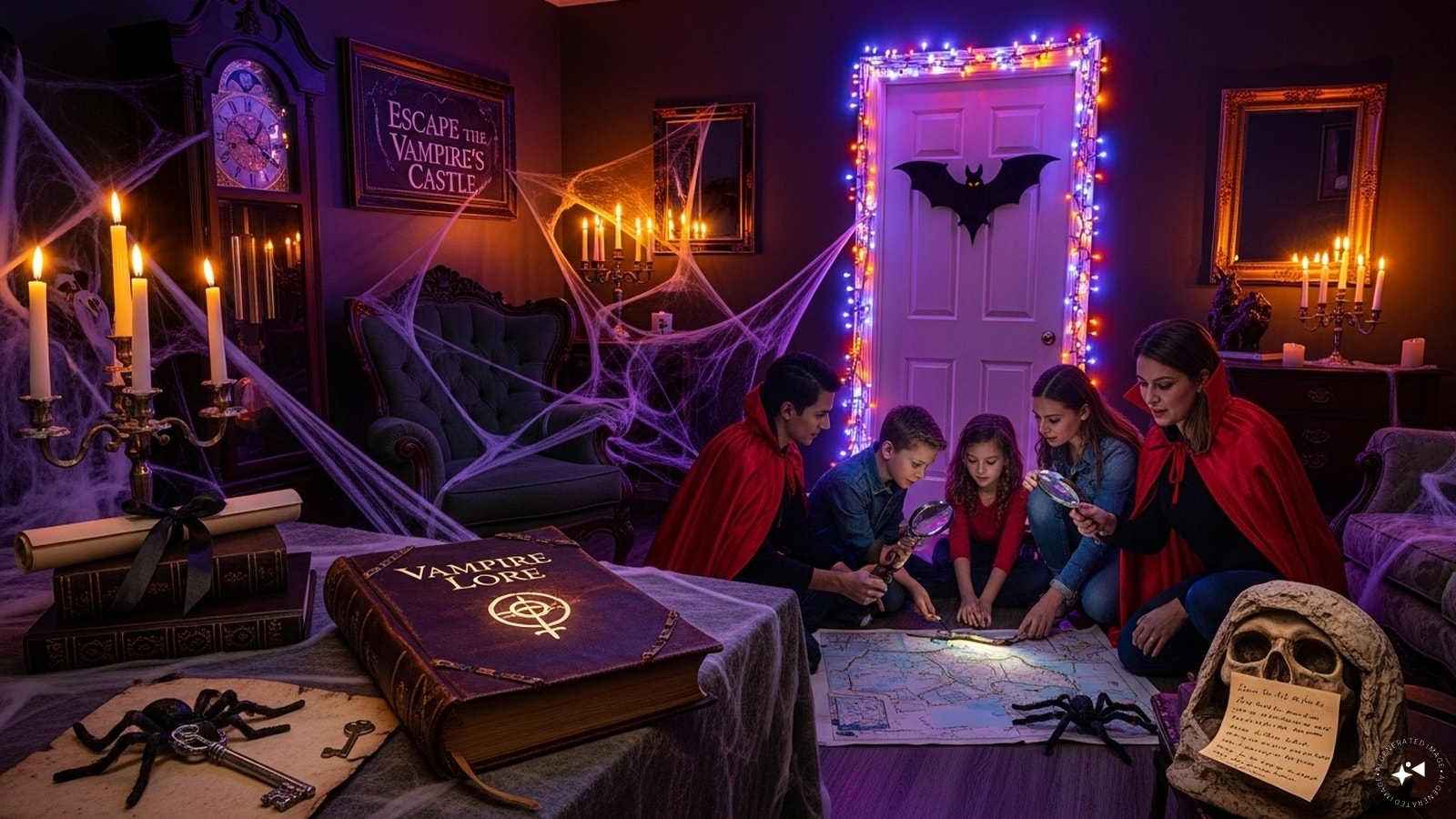 Halloween Escape Room At Home: Set up puzzles, clues, and eerie props in your house. The theme could be Escape the Vampire’s Castle or Find the Witch’s Spell Book. It is perfect for small groups or families.  Halloween Escape Room At Home: Set up puzzles, clues, and eerie props in your house. The theme could be Escape the Vampire’s Castle or Find the Witch’s Spell Book. It is perfect for small groups or families.