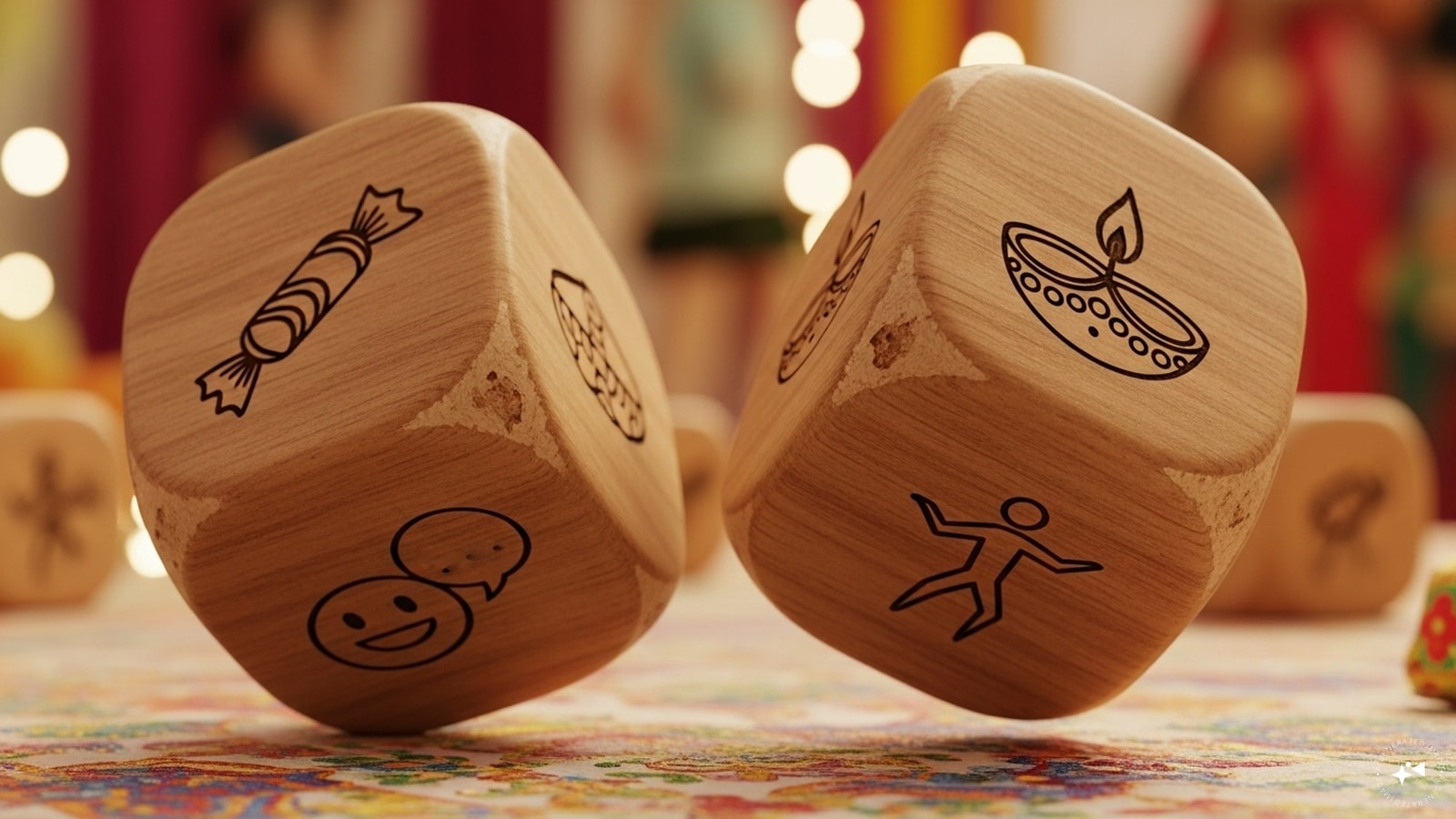 Dice Of Fortune: Roll a custom dice with actions like “Give a sweet,” “Win a diya,” “Compliment someone,” “Dance for 10 seconds.” It’s fun and keeps guests moving! Dice Of Fortune: Roll a custom dice with actions like “Give a sweet,” “Win a diya,” “Compliment someone,” “Dance for 10 seconds.” It’s fun and keeps guests moving!