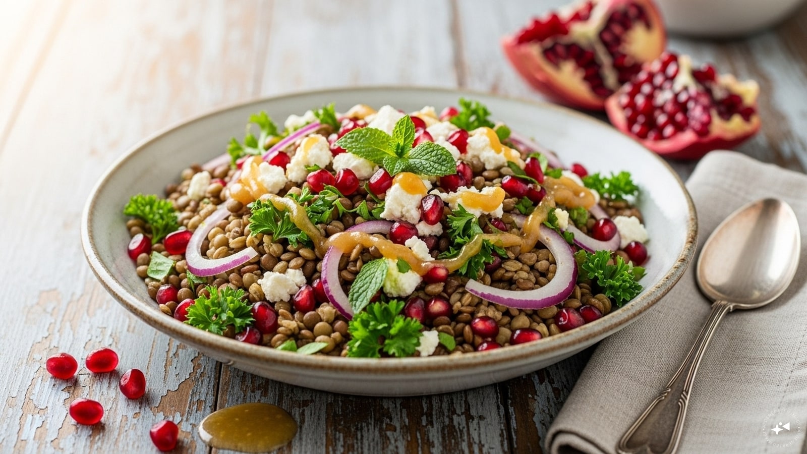 Lentil & Pomegranate Salad: Mix cooked lentils with pomegranate seeds, herbs, and onion. Dress with cumin-spiced vinaigrette.