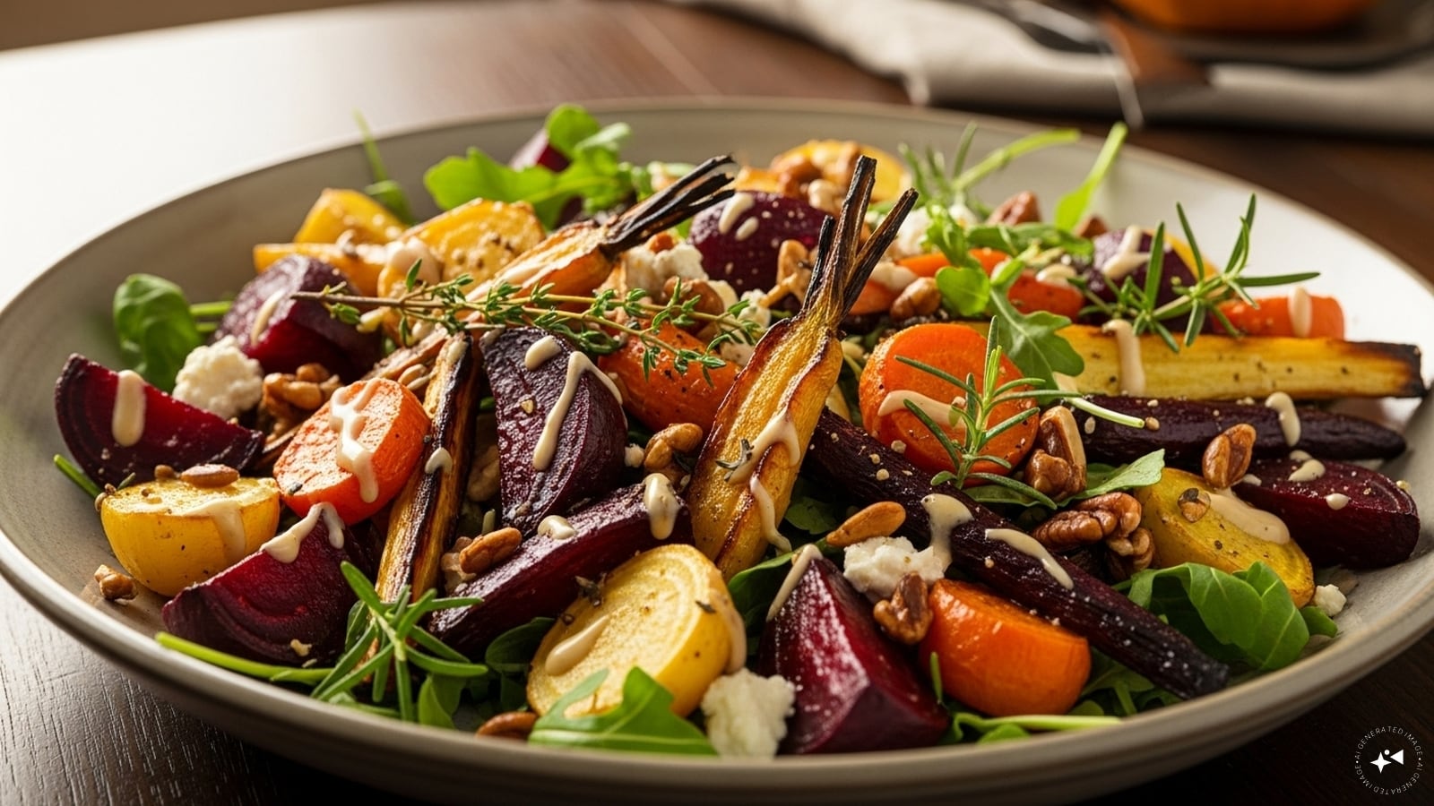 Roasted Root Vegetable Salad: Roast your favourite root veggies with thyme. Toss with arugula and lemon vinaigrette.