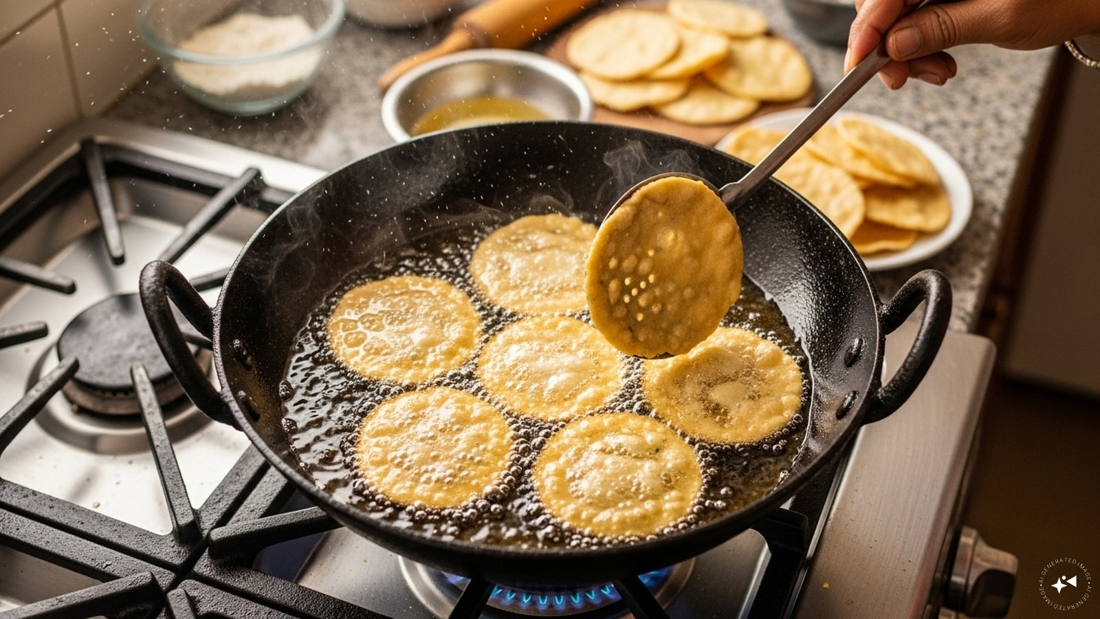 Then, deep fry the mathri until they are golden brown. Then, deep fry the mathri until they are golden brown.