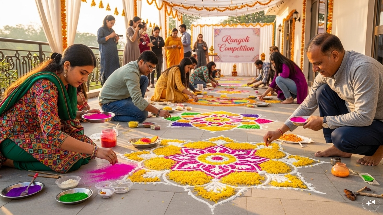 Rangoli Competition: Host a friendly Rangoli-making contest with vibrant colors or even flower petals. It’s fun, artistic, and adds to the décor! Rangoli Competition: Host a friendly Rangoli-making contest with vibrant colors or even flower petals. It’s fun, artistic, and adds to the décor!