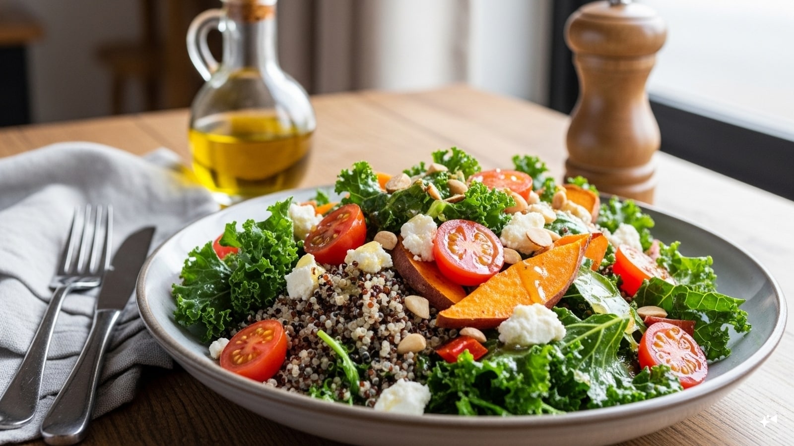 Kale & Quinoa Power Salad: Mix kale with lemon juice, mix with quinoa, cranberries, and almonds. Toss with tahini dressing.