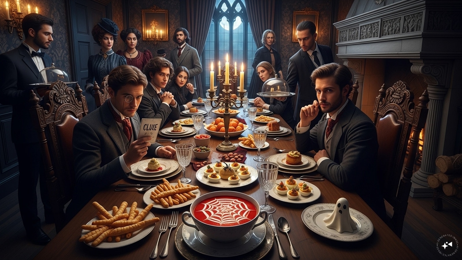 Mystery Dinner Party: Host a spooky dinner party where guests play characters in a haunted mansion mystery. Serve eerie-themed dishes like “Blood Soup” (tomato bisque).  Mystery Dinner Party: Host a spooky dinner party where guests play characters in a haunted mansion mystery. Serve eerie-themed dishes like “Blood Soup” (tomato bisque).