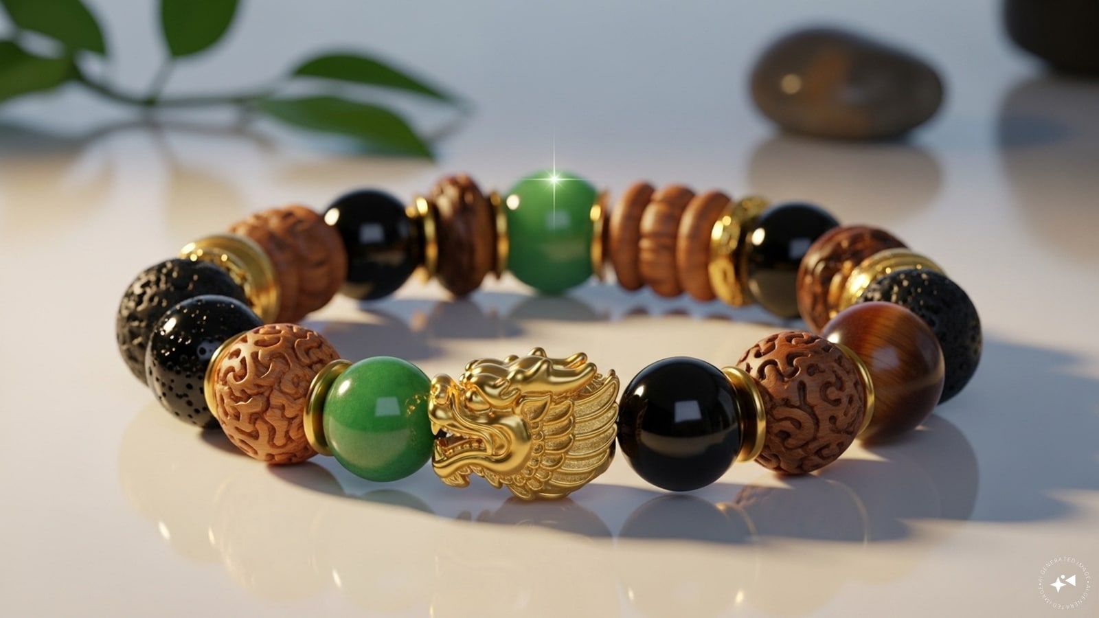 Essas pulseiras são normalmente feitas dos seguintes elementos: Pixiu - um símbolo de riqueza e prosperidade, obsidiana negra - proteção contra energia negativa, olho de tigre, citrina, jade verde etc. - para benefícios específicos, moedas chinesas, atrações sortudas, etc. - para boa sorte. (Imagem gerada pela IA)