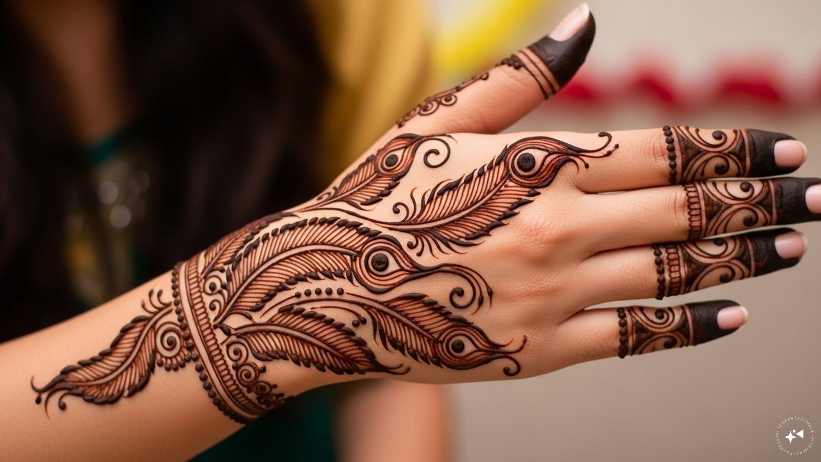 Feather Motif: A simple feather design flowing along the side of the hand or wrist. Feather Motif: A simple feather design flowing along the side of the hand or wrist.