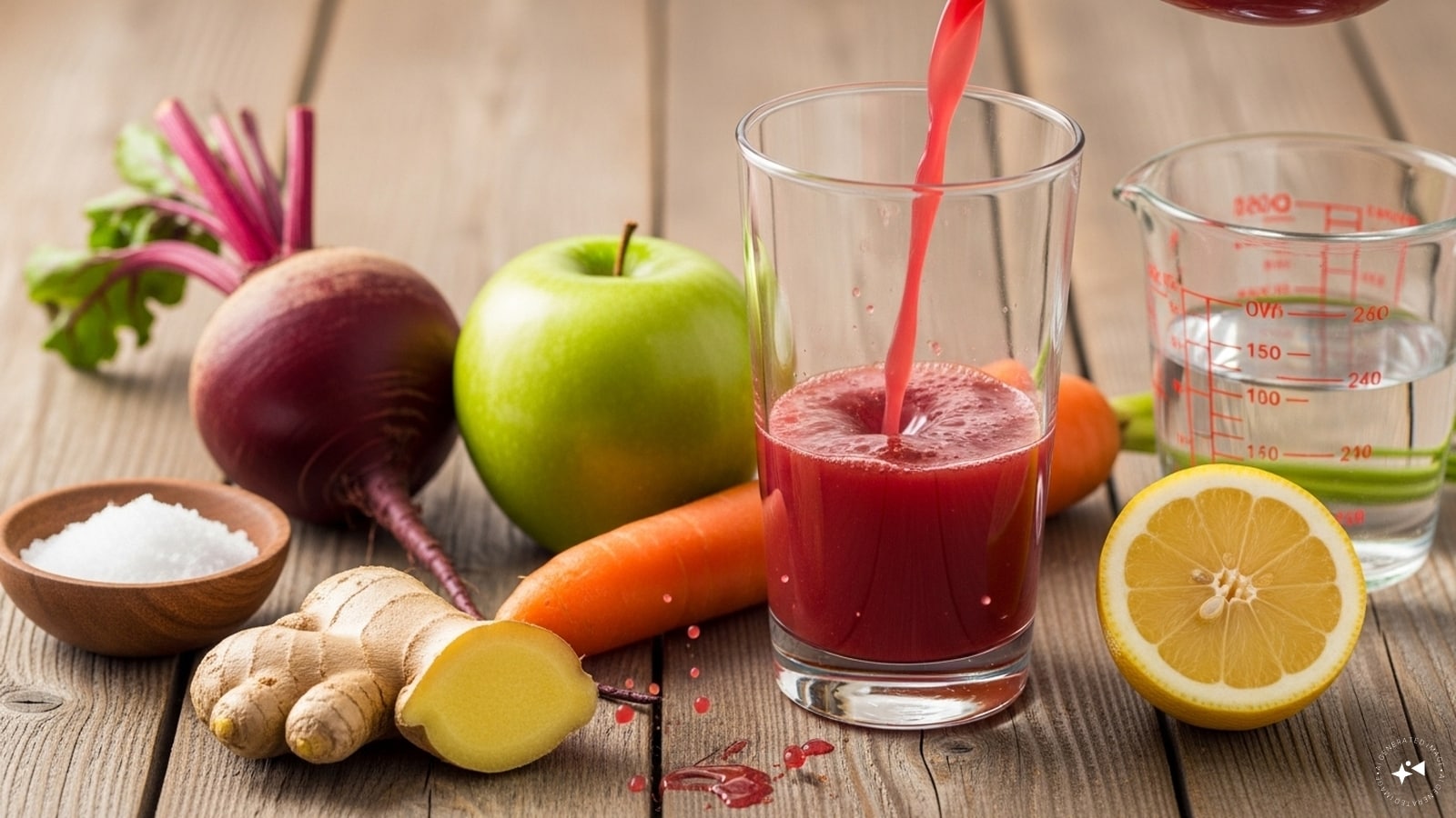 Ingredients: 1 beetroot, 1 apple, 1 carrot, 1 piece of ginger, 1 lemon juice, 1 cup water, a pinch of salt. Ingredients: 1 beetroot, 1 apple, 1 carrot, 1 piece of ginger, 1 lemon juice, 1 cup water, a pinch of salt.