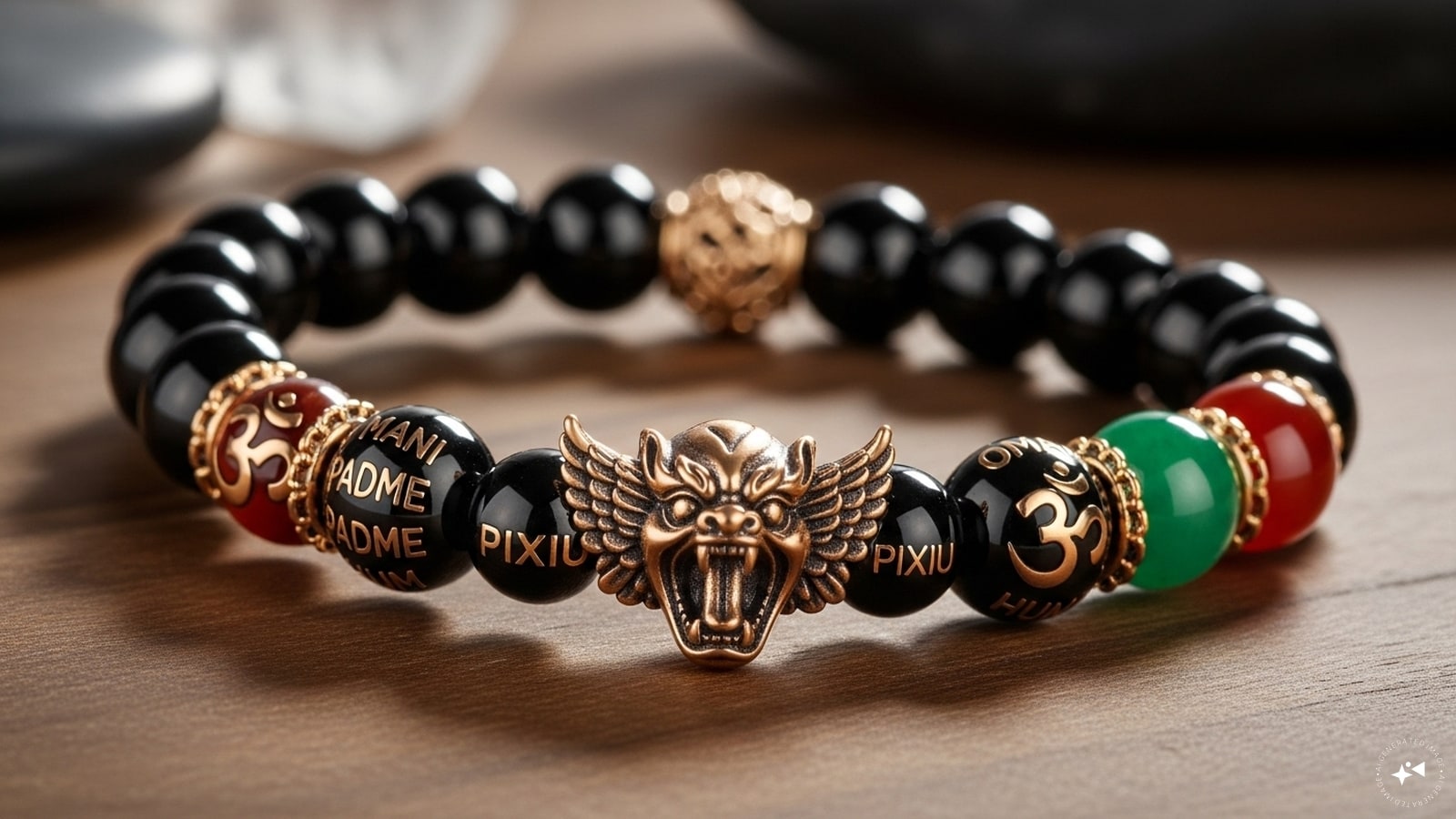 O que é uma pulseira de feng shui?: Pulseiras Feng Shui são feitas de cristais, pedras ou símbolos que podem influenciar a energia. (Imagem gerada pela IA)