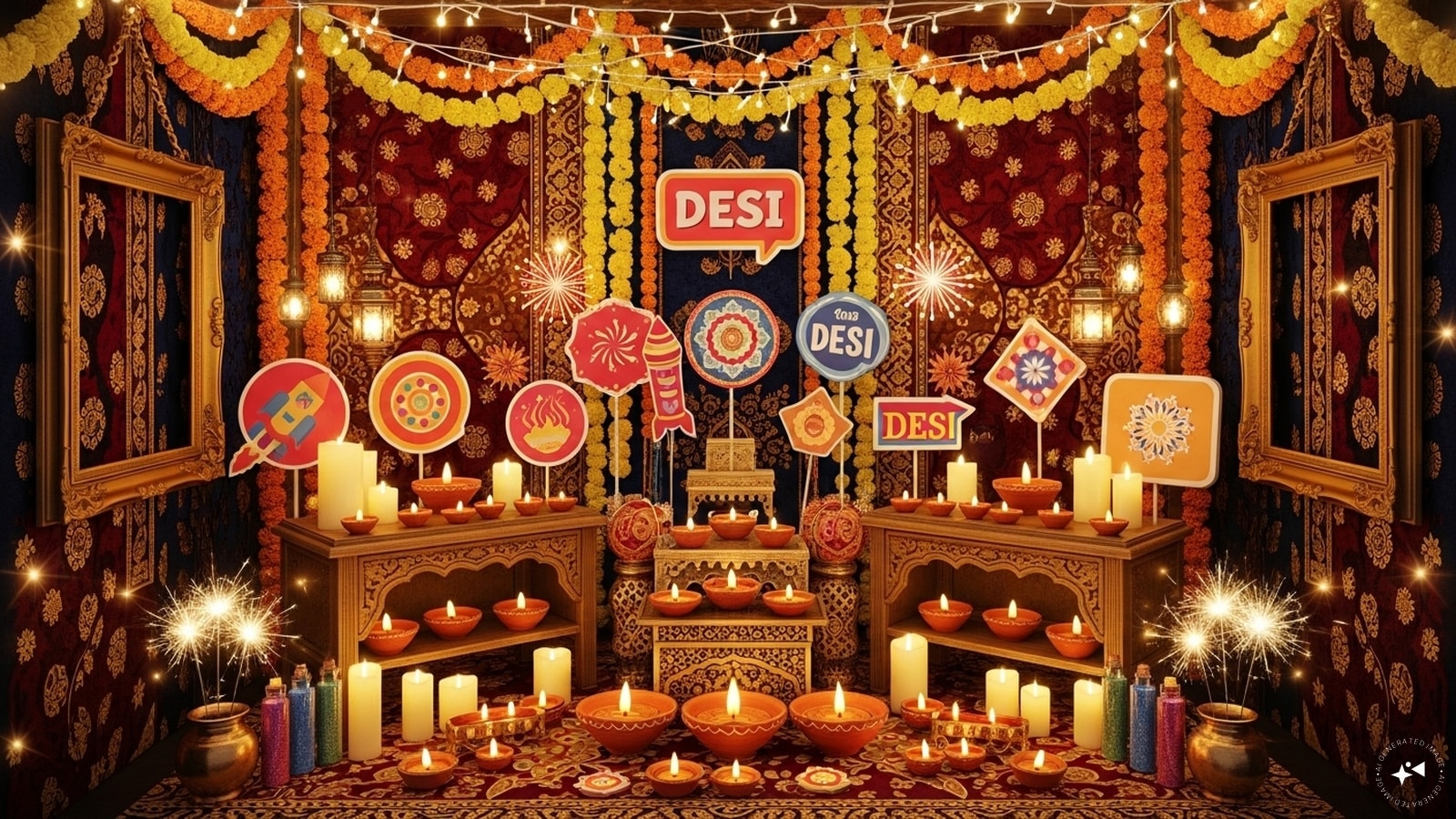Festive Photo Booth: Create a Diwali-themed photo booth with props like diyas, candles, desi signs, and sparkles. It's Insta-perfect and everyone loves a good photo-op! Festive Photo Booth: Create a Diwali-themed photo booth with props like diyas, candles, desi signs, and sparkles. It's Insta-perfect and everyone loves a good photo-op!