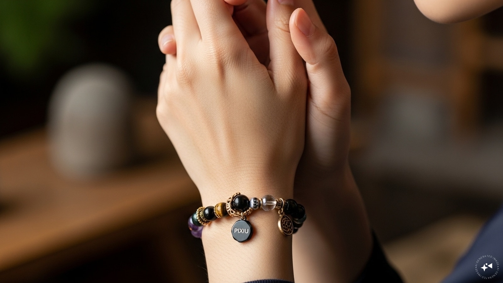 Quando você deve usá -lo?: É melhor usar a pulseira de manhã cedo ou depois da meditação. Tente não usá -lo enquanto dorme, tomar banho ou se envolver em relações sexuais, especialmente com uma pulseira Pixiu, pois isso pode afetar sua energia. (Imagem gerada pela IA)