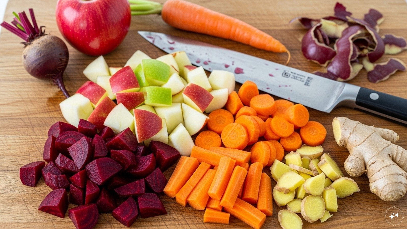 Firstly, wash, peel, and chop the beetroot, apple, carrot, and ginger into small pieces. Firstly, wash, peel, and chop the beetroot, apple, carrot, and ginger into small pieces.