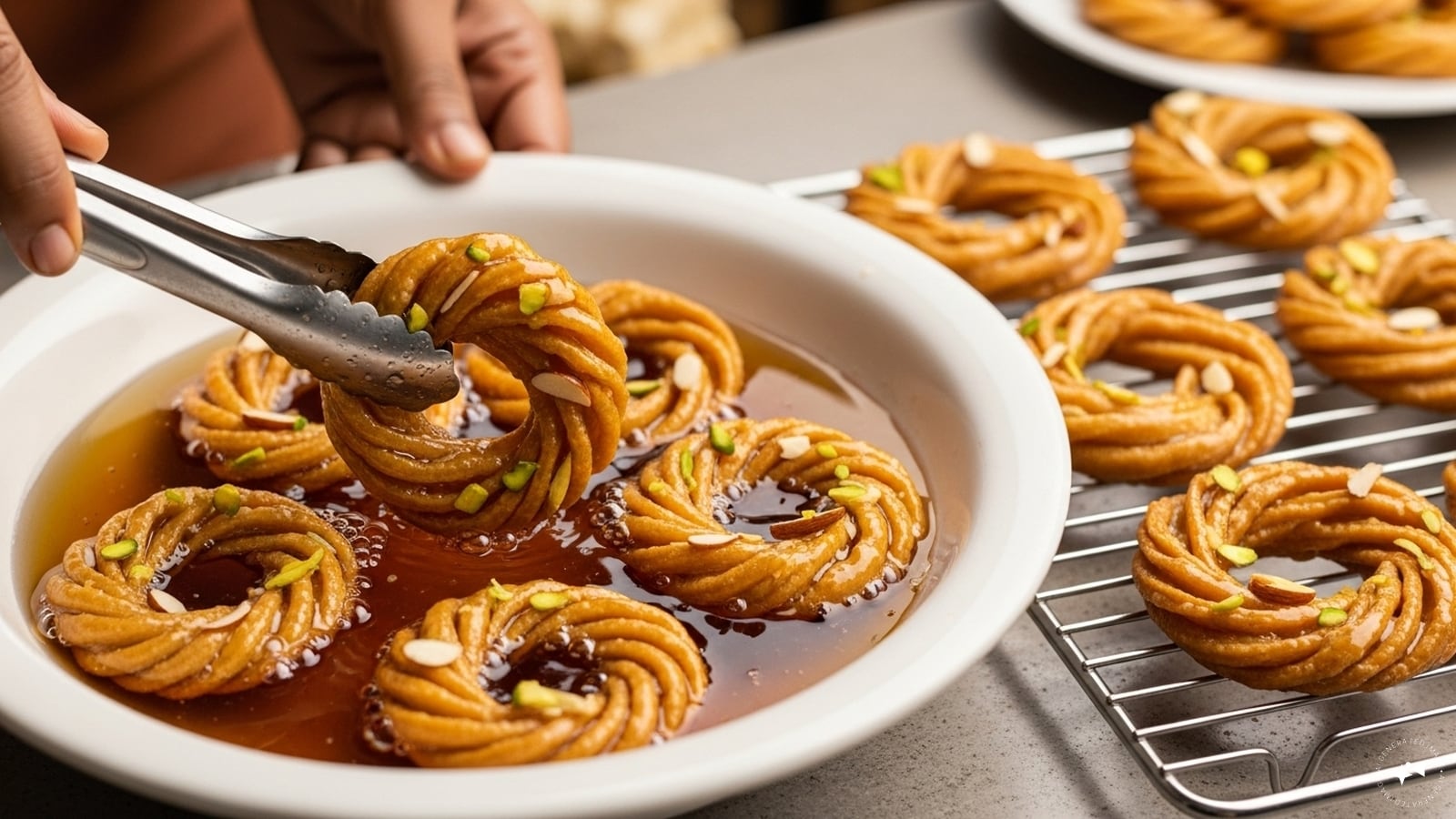  Dip the fried balushahi in syrup for 2-3 minutes and remove. 