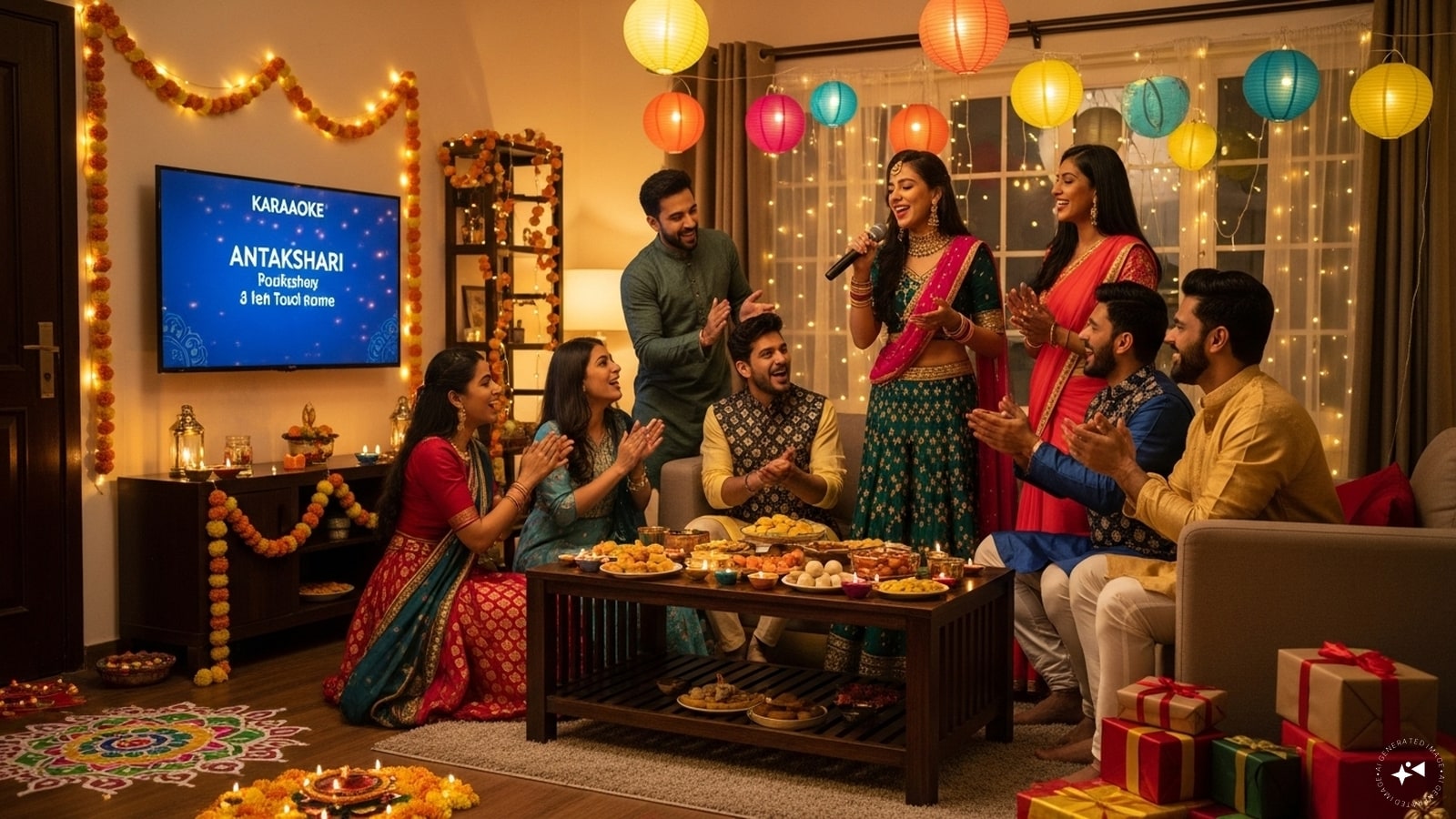 Antakshari or Karaoke: No Indian party is complete without music. Form teams and play a high-energy round of Antakshari or go bold with Diwali karaoke! Antakshari or Karaoke: No Indian party is complete without music. Form teams and play a high-energy round of Antakshari or go bold with Diwali karaoke!