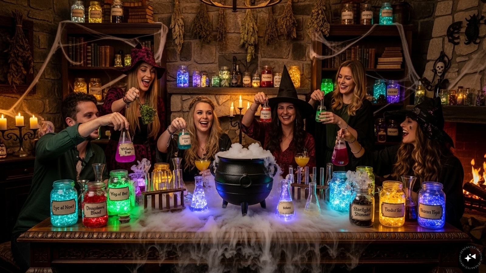 Witch’s Potion Workshop: Invite friends to mix “potions”, custom cocktails, teas, or mocktails — with spooky names. Decorate with cauldrons, dry ice, and glowing jars.  Witch’s Potion Workshop: Invite friends to mix “potions”, custom cocktails, teas, or mocktails — with spooky names. Decorate with cauldrons, dry ice, and glowing jars.