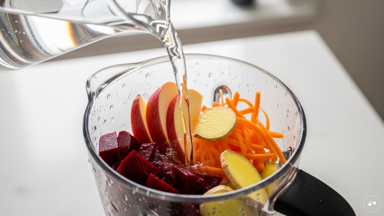 Add chopped beetroot, apple, carrot, and ginger to a blender. Pour water and blend until smooth. Add chopped beetroot, apple, carrot, and ginger to a blender. Pour water and blend until smooth.